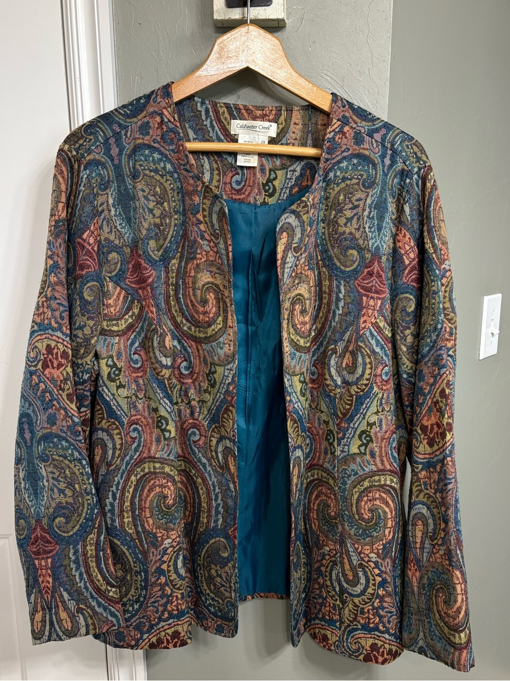 Coldwater Creek Teal Multicolor Paisley tapestry Open Jacket